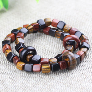 Pulseras Budistas de Madera de Sándalo de 7mm, Cuadradas, de Dos Hilos, Unisex, con Madera de Palisandro, Piel de Tigre y Ébano, Geométricas, para Uso Diario - Product Image 3