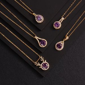 Collar con Colgante de Diamante Redondo Morado de Acero Inoxidable, Collar con Corazón de Cristal y Diamantes de Imitación Morados para Mujer - Product Image 4