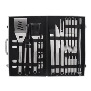 Wholesale 33PCS Portable Charcoal Outdoor Kitchen Stainless Steel Handle Grill Tool Barbecue Accessories Set BBQ In Metal Case