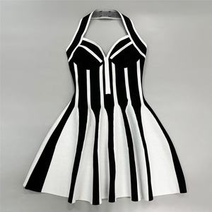 Abito Fasciante con Allacciatura al Collo per Donna, Sexy, Schiena Scoperta, <span class=keywords><strong>a</strong></span> <span class=keywords><strong>Righe</strong></span> Bianche <span class=keywords><strong>e</strong></span> Nere, Mini Abito da Sera per Feste <span class=keywords><strong>e</strong></span> Club - Product Image 6