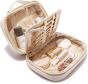Women's <b>Large</b> Capacity Portable <b>Makeup</b> Organizer Waterproof PU Leather Cosmetic <b>Bag</b> with Zipper Handle and Divider for Travel - Product Image 1