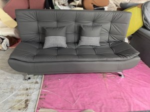 Modern Tufted PU Leather Sofa <b>Bed</b> with Stainless Steel Legs and Checkered Pillows for Living Room - Product Image 4