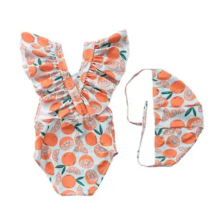 Summer New Design Flying Sleeves Kids 1 Piece Swimsuit Print Striped One-Piece Baby Swimwear