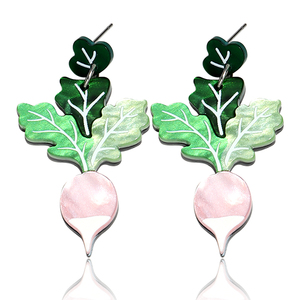 Nouvelles boucles d'oreilles Cenda faites à la main, en acrylique, avec feuilles de <span class=keywords><strong>lupin</strong></span> vertes, carottes roses, fruits mignons et radis, serties en clos - Product Image 1