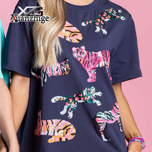 T-<span class=keywords><strong>shirt</strong></span> décontracté surdimensionné en coton pour <span class=keywords><strong>femme</strong></span>, avec logo personnalisé, écologique, de haute qualité, imprimé animalier, <span class=keywords><strong>paillettes</strong></span>, motif tigre - Product Image 2