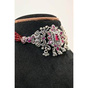 Vintage <b>Silver</b> Oxidised Flower <b>Choker</b> Necklace Red Beads Cubic Zirconia Daily Luxury Gift for Women's Wedding Jewelry Manish - Product Image 1