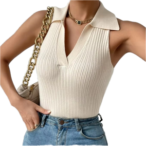 Chaleco de Punto Transpirable y Sexy para Mujer W4341, Top Informal con Cuello en V y Cuello Camisero - Product Image 1