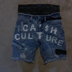 Streetwear personnalisé été coton imprimé Double taille genou haut baggy surdimensionné lourd jean Shorts Denim pour hommes