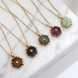 Natural Brass Amazonite Labradorite Apatite Jade Amethyst Tiger Eye Pendant Tiny CZ 18K Gold Plated <b>Beaded</b> Designer Necklace - Product Image 5