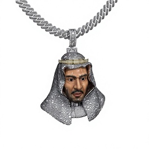 Pendentif Visage de Sjeik Arabe avec Micro-Pavé en Argent 925 et Moissanite, Collier Charme Tendance - Product Image 1