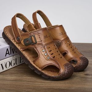 First Layer Cowhide Men <b>Closed</b> <b>Toe</b> <b>Sandals</b> Flat Rubber Sole Breathable Summer Casual Hook Loop Closure Size 40 - Product Image 2