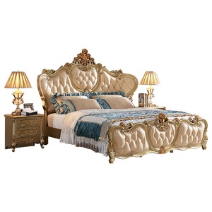Ensemble de lit double royal européen de luxe en cuir véritable avec cadre en bois massif pour la maison, la villa, l'hôtel, la chambre à coucher, le salon - Product Image 1