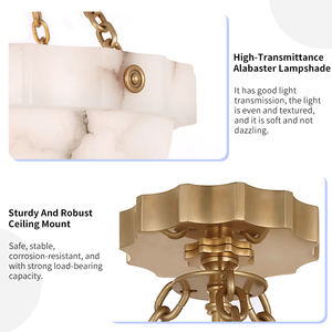 Lámpara de Techo Moderna de Alabastro, Decoración de Hotel de Lujo, Cuenco de Piedra Natural Tallada, Cadena de Latón, Banda Acanalada, Montaje Semi Empotrado - Product Image 3