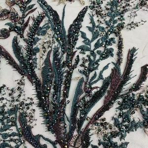 신부용 고급 비즈 레이스 원단, 수공예 비즈 레이스 원단, 고급 광택 레이스 원단, 네트 튤 레이스 원단 - Product Image 1