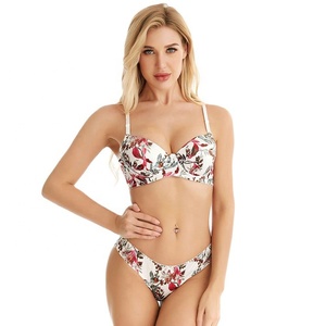 Ensemble soutien-gorge sexy à armatures et culotte imprimé floral personnalisé de haute qualité avec nœud décoratif, bretelles ajustables et design push-up pour femme - Product Image 1