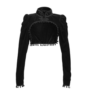Chaqueta Corta de Terciopelo Negro, Manga Larga, Cuello Alto, Detalle de Borlas, Top Elegante y Ajustado para Mujer - Product Image 3