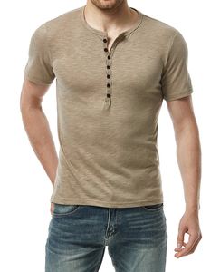 Vente en gros Chemise Henry d'été décontractée kaki à manches courtes de couleur unie pour hommes T-shirt respirant de sport coupe ajustée - Product Image 2