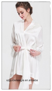Vestaglia in Seta 100% Naturale <span class=keywords><strong>Bianca</strong></span>, Lunghezza al Ginocchio, Scollo a V con Cordoncino, per Autunno/Primavera/Estate - Morbida e Traspirante - Product Image 4
