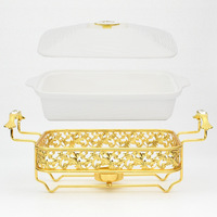 Plat de service rectangulaire en céramique de la série Chic Or Blanc avec support en fer orné, vaisselle haut de gamme, coffret cadeau pour la nouvelle maison, capacité 1,5 litre