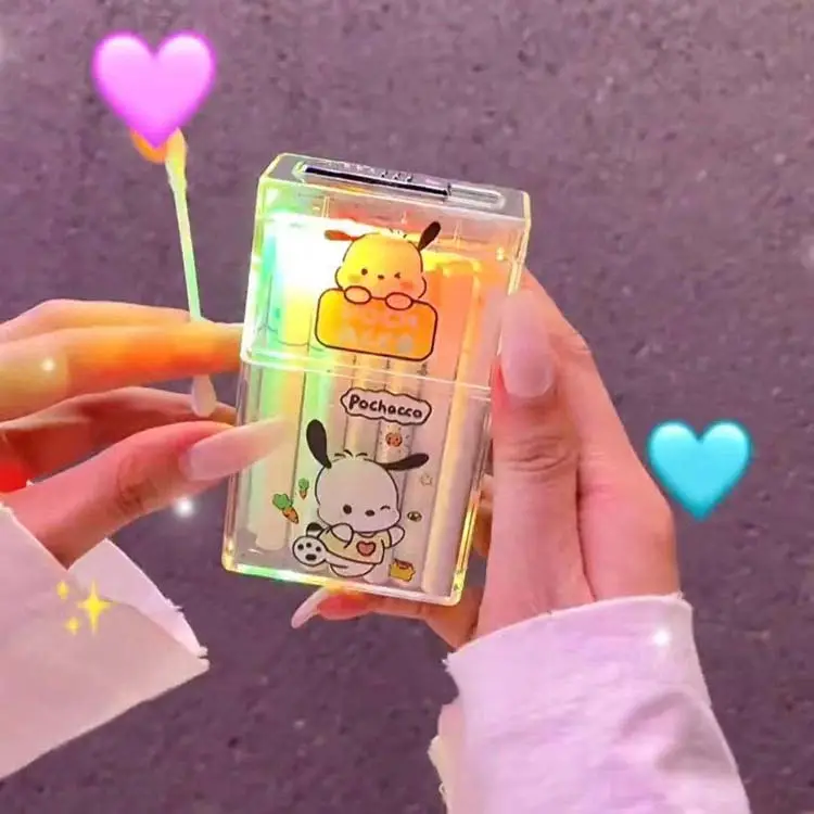 Kotak rokok transparan kartun hello kitty kuromi, sarung rokok pemantik usb tungsten lucu