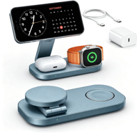 Station de charge sans fil rapide 3-en-1 à 9,9 $ pour iPhone 17e/17/16/15/14/13/12/Série Air, Apple Watch et AirPods - Bleu clair