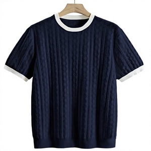 T-shirt à manches courtes en tricot pour homme, col rond, motif géométrique, bordure contrastée, coupe décontractée, bleu foncé, polyester/coton, 280g - Product Image 1