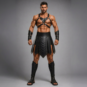 Men's Black Leather <b>Gladiator</b> Kilt Renaissance Sexy <b>Costume</b> with Belt-Eco-Friendly - Product Image 1