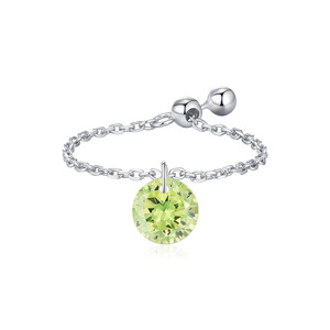 S925 Silver <b>Dainty</b> Round Green Zircon Adjustable Chain <b>Ring</b> Silver Plated Open Stackable <b>Ring</b> for Women Daily Birthstone Jewelry - Product Image 1