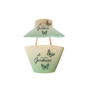 Bolso de Mano de Paja con Diseño de Mariposas y Degradado de Color Rosa con Sombrero para Mujer, para la Playa en Verano - Product Image 3