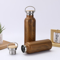 Botella de Agua Deportiva de Boca Ancha con Aislamiento de Doble Pared y Diseño de Madera Impresa por Transferencia de Agua, Fabricada en Acero Inoxidable 304, para Uso en Exteriores