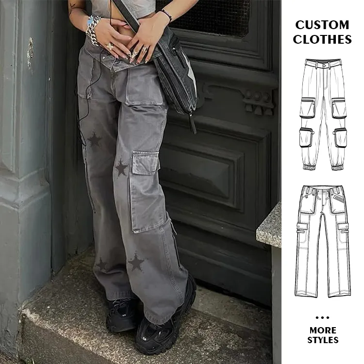 Custom OEM Manufacturer Vintage Pockets High Waist Streetwear baggy Casual ladies Long parachute Cargo Pant for women Trousers