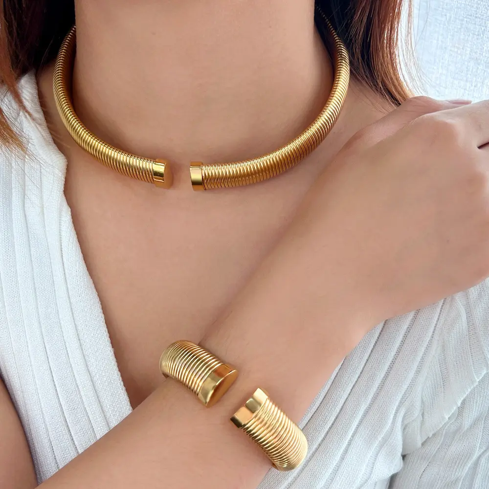18K gold Plated Layered Stainless Steel Elastic Stretch Snake Wide Wrap Bangle Bracelet Choker Necklace Jewelry Set For Women