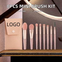 Kit de 8 pinceaux de maquillage portables en gros, poils synthétiques, manche en plastique, idéal pour le voyage, pour fond de teint, mascara et fard à paupières