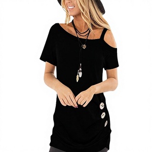 T-shirt décontracté d'été pour femme 2025, tendance, respirant, à épaules dénudées, manches courtes, avec boutons latéraux ornés de diamants, en polyester/coton - Product Image 3