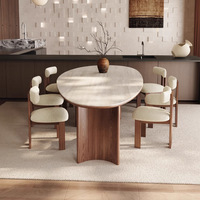Französischer Stil Modernes Kariertes 4-Sitzer Esszimmer-Set mit Ovaler Tischplatte in Leichtem Schwarz, Wassertropfenförmige Steinoptik-Stühle für das Esszimmer
