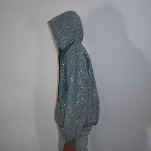 Chaqueta de Mezclilla con Cierre, Estilo Urbano, Lavado Ácido Personalizado, Desgastada, Decolorada por el Sol, con Apliques de Lentejuelas y Pedrería, 100% Algodón, Sudadera con Capucha para Hombre - Product Image 2