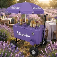 Chariot de plage rétro 80QT personnalisé multicolore pour boissons glacées, glacière métallique vintage à roulettes avec parapluie rouge