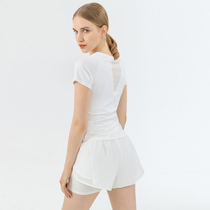 เสื้อโยคะแขนสั้นผู้หญิงแบบตาข่ายด้านหลัง แขนเสื้อแบบแร็กแลน ทรงเข้ารูป แห้งเร็ว ระบายอากาศดี เหมาะสำหรับออกกำลังกาย วิ่ง และเล่นกีฬา ขายส่ง - Product Image 2