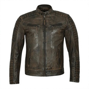 Veste en cuir pour homme style Cafe Racer, en peau d'agneau cirée, marron foncé, col à revers, fermeture éclair sur le devant, panneaux d'épaules matelassés, poches zippées sur la poitrine - Product Image 1