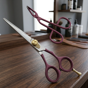 Ciseaux à cheveux professionnels ASAP en acier au carbone écologique à lame droite pour droitiers, manche moyen, avec pince assortie, violet - Product Image 1