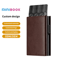 Dompet Kartu Pria Kulit PU Vintage RFID Aluminium Tipis Pintar Lipat Tiga Tempat Kartu Nama