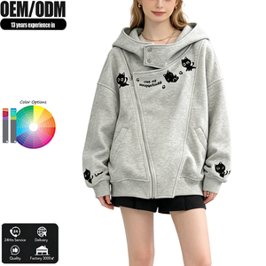 Felpa con cappuccio e cerniera asimmetrica da donna, con stampa <span class=keywords><strong>gatto</strong></span> in stile cartone animato coreano, stile ampio e rilassato con design di nicchia - Product Image 1