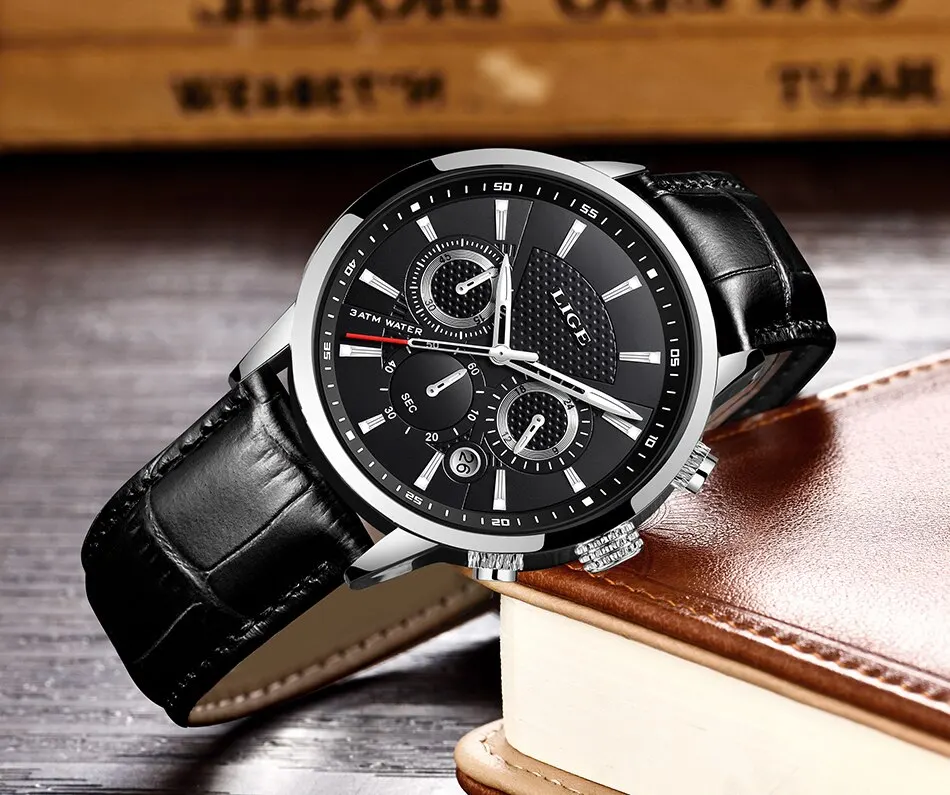 LIGE 9866 Mens Watch - Stylish Leather Strap Chronograph