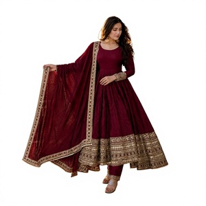 Traje de lujo Anarkali de seda georgette color granate con bordado pesado de oro Zari, vestido largo acampanado para bodas indias y pakistaníes - Product Image 1