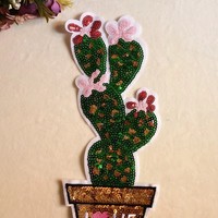 Grande broderie de cactus en pot à sequins, motif floral Cœur LOVE, plante du désert, applique à sequins pour veste, robe, sac à dos
