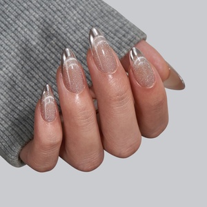 BTArtbox Uñas Postizas de Gel Suave con Punta Francesa Plateada y Diseño Ojo de Gato, Almendradas Medianas, de Lujo, con Pegamento, Venta al por Mayor - Product Image 1
