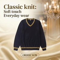 Pull en maille jacquard fin respirant en terylène à col en V, style preppy, unisexe, à manches longues, pour l'hiver