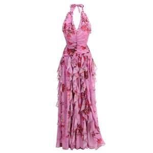 Robe longue élégante et décontractée à imprimé floral, col en V sexy, volants, dos nu, fente latérale, lavable, idéale pour les soirées, la plage et les vacances - Product Image 2
