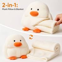 Bantal Boneka Bebek Putih 2 in 1 Custom dengan Selimut Lembut Kawaii, Set Selimut Flanel untuk Perjalanan, Rumah, dan Kantor