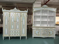 Coiffeuse Rococo de luxe française antique en bois de bouleau massif sculpté avec miroir, design modulaire, bleu clair royal et feuille d'or pour chambre à coucher